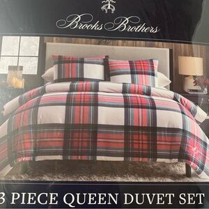 Brooks Brothers Queen Duvet Cover Set Red White Multi Cotton Flannel 3PC NWT